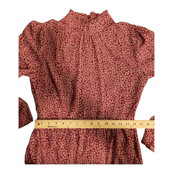 SHEIN Red with White Floral Shirred Neck Long Sleeve Dress Size S - Picture 8 of 10